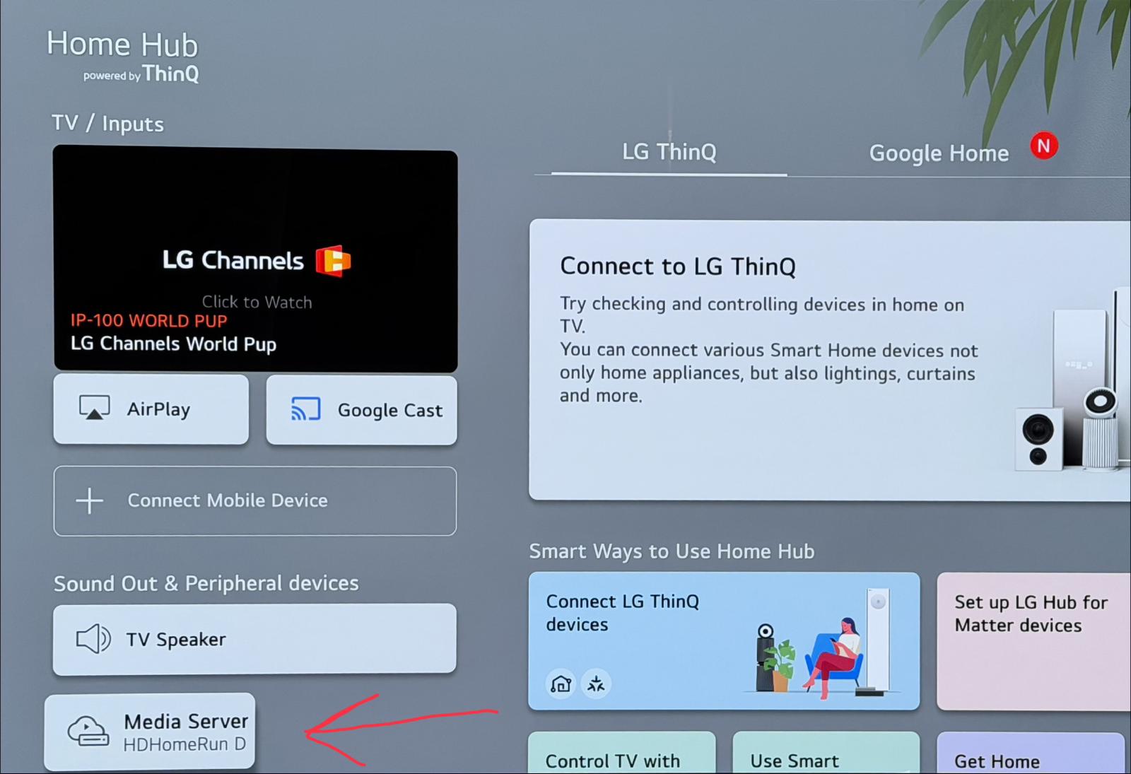 Home Hub screenshot showing the auto-detected HDHomeRun device